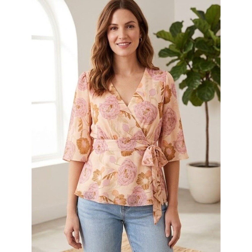 LOFT Floral V-Neck Wrap Blouse with Flutter Sleeves Pink & Ochre Size 6